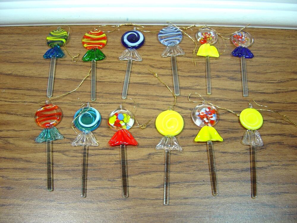 ART GLASS LOLLIPOP ORNAMENTS-SET OF 12-3 1/2" LONG